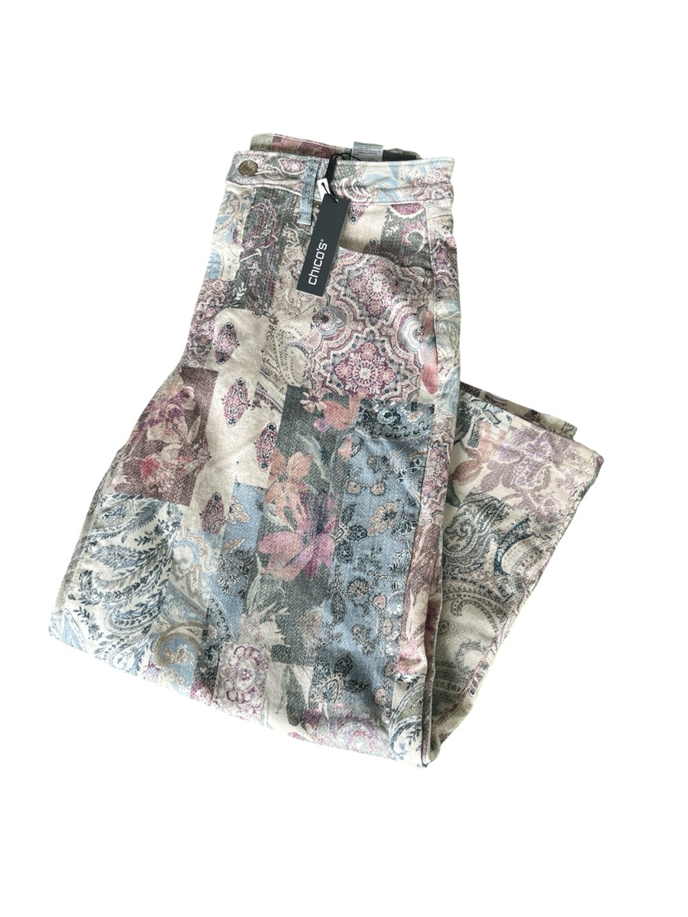 NEW Chicos So Slimming Jeans High Rise Wide Leg Patchwork Print Womens Size 8P